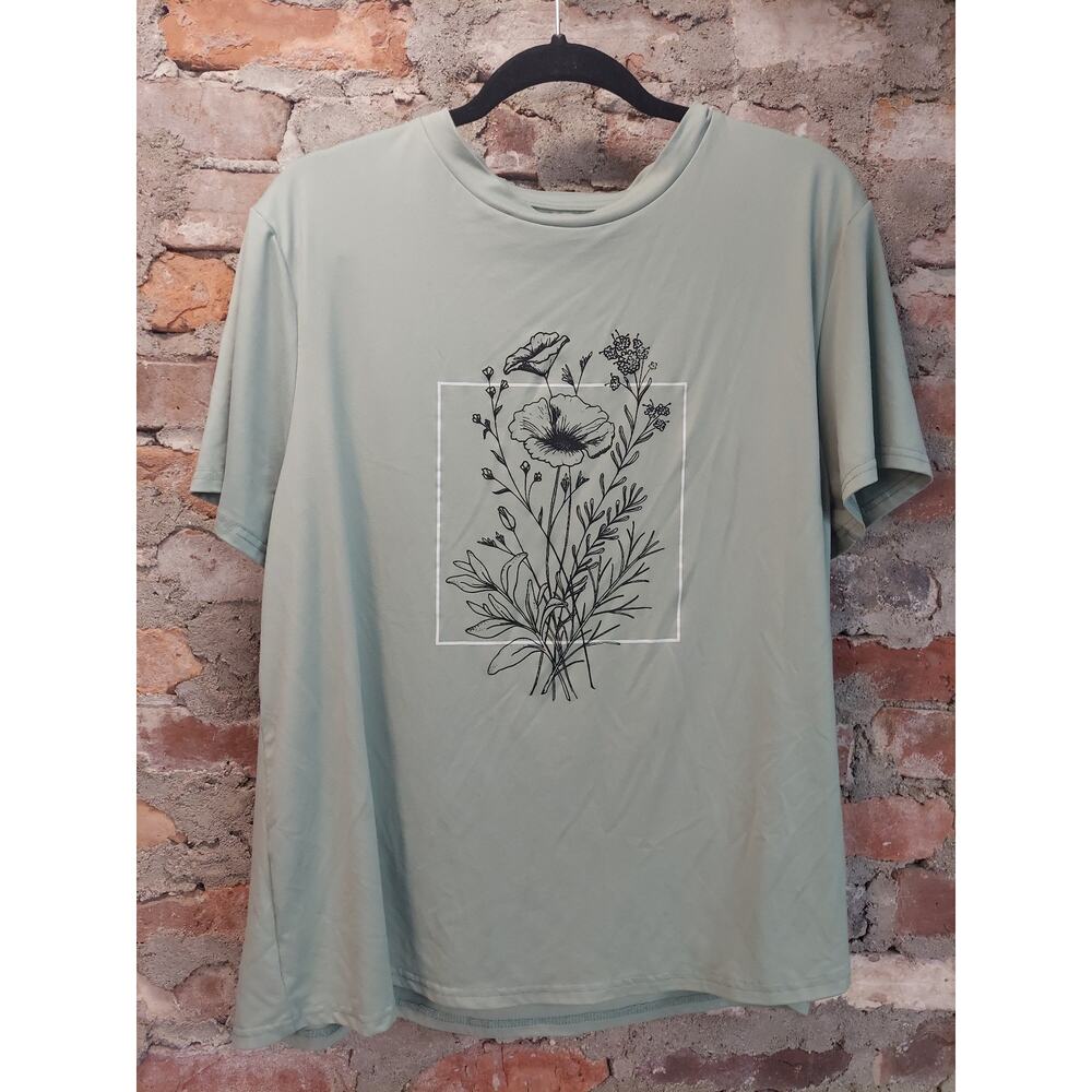 SHEIN CURVE Womens T Shirt 1XL Sage Green Floral Graphic Print Short Sleeve